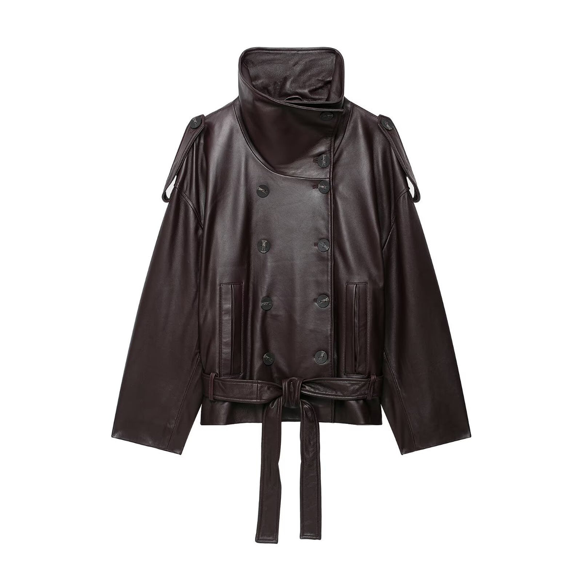 Women Short Leather Trench Coat Jacket with High Standing Collar, Double-Breasted Button Placket and Waist Belt EVA-US
