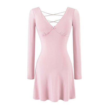 Ladies form-fitting mini dress with a deep V-neckline, gathered bust, and crossed back straps EVA-US