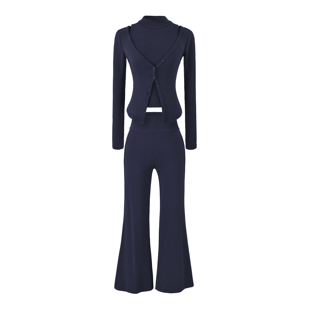 Women Figure-Hugging Layering Set with Turtleneck Long Sleeve and Asymmetrical Button Jacket and Flared High-Waist Pants EVA-US