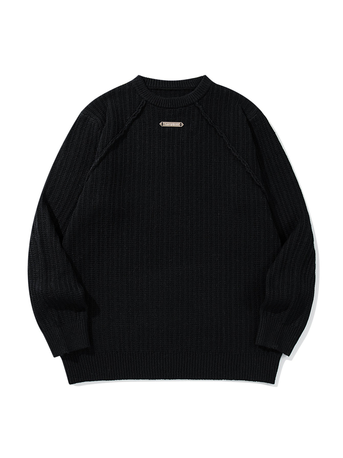 Unisex Structured Waffle Knit Crew Neck Sweater with Raglan Sleeves and Metal Logo EVA-US