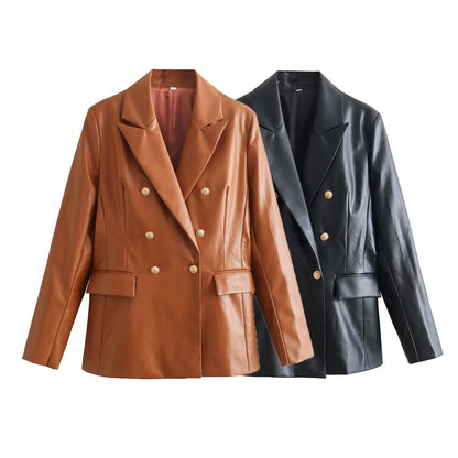 Women's Double-Breasted Faux Leather Blazer with Gold Decorative Buttons and Flap Pockets EVA-US