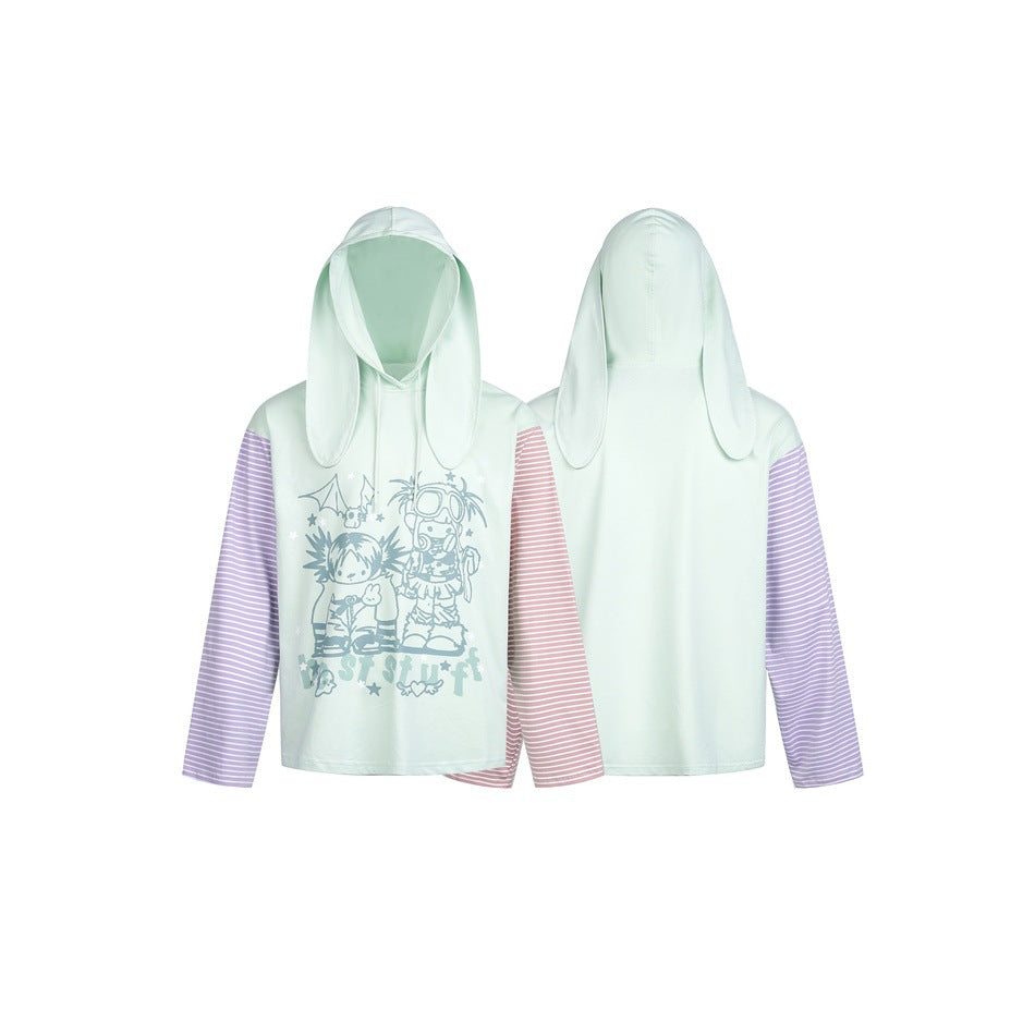 Women's hoodie with hood and bunny ears, striped sleeves and manga print EVA-US