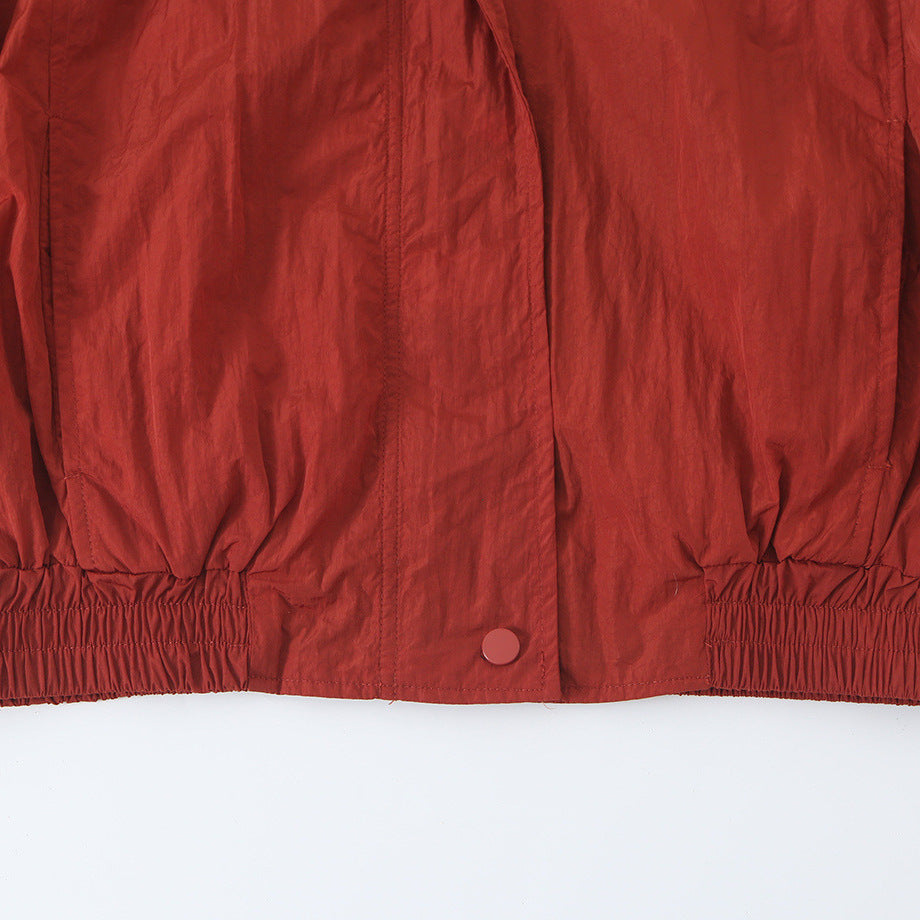 Women's Lightweight Cropped Bomber Jacket with Stand Collar, Elastic Hem and Snap Button Placket EVA-US
