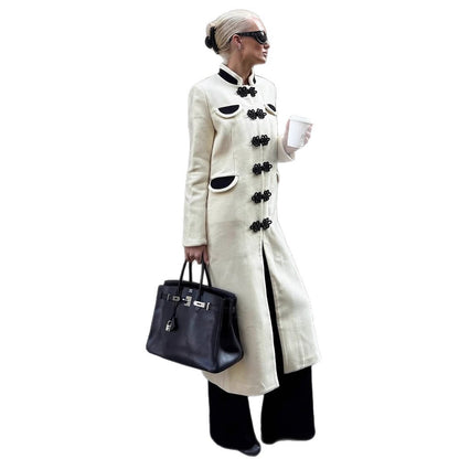 Women's Maxi-Length Tailored Wool Blend Coat with Stand-Up Collar and Decorative Frog Closures EVA-US