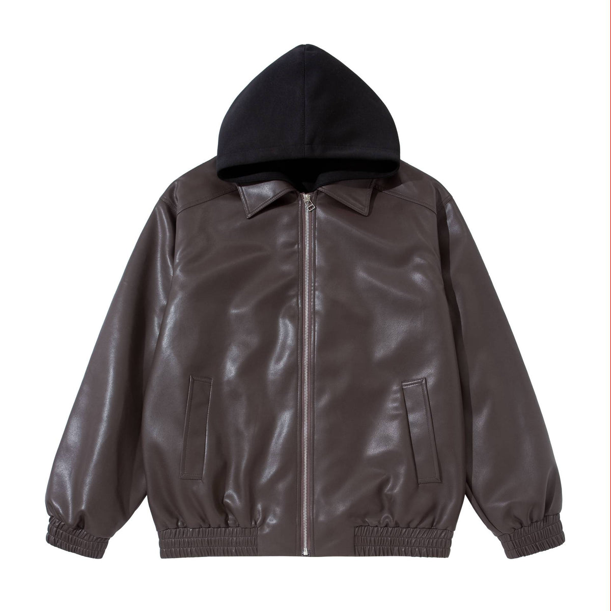 Men's Boxy Leather Blouson with Attached Jersey Hood and Ribbed Hem EVA-US