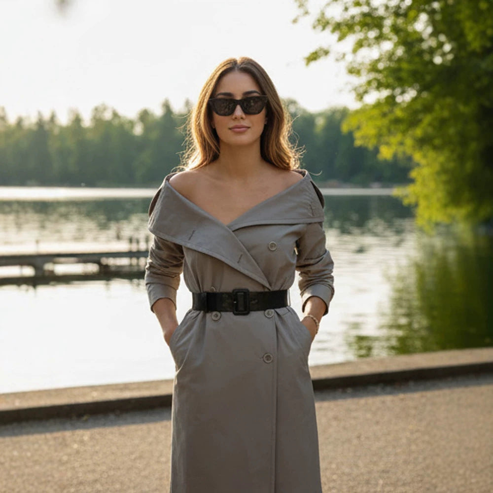 Women's Off-Shoulder Trench Dress with Double-Breasted Button Placket and Fitted Patent Belt EVA-US