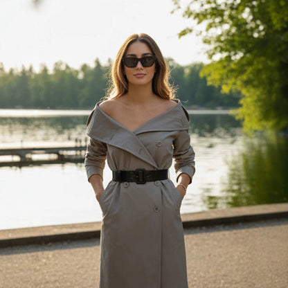 Women's Off-Shoulder Trench Dress with Double-Breasted Button Placket and Fitted Patent Belt EVA-US