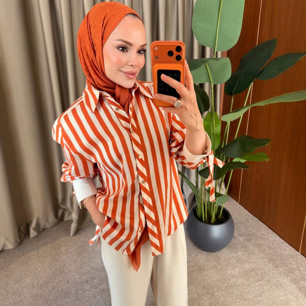 Women Striped Oversized Shirt Blouse with Ties on Sleeves and Concealed Button Placket EVA-US