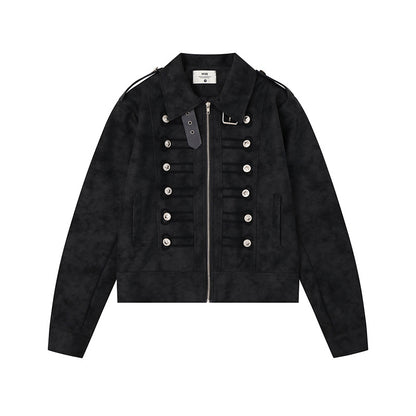 Women Military Inspired Short Jacket with Zipper, Decorative Button Plackets and Epaulettes EVA-US