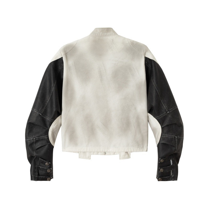 Unisex Short Cut Boxy Biker Jacket in Vintage Leather Look with Graphic Skull Print and Stand-up Collar EVA-US