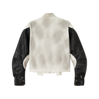 Unisex Short Cut Boxy Biker Jacket in Vintage Leather Look with Graphic Skull Print and Stand-up Collar EVA-US