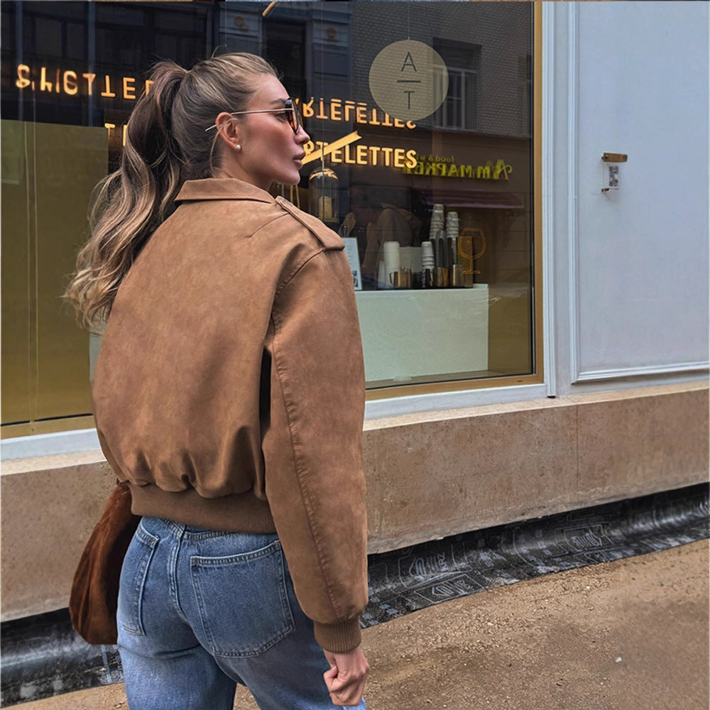 Women's short-cut bomber jacket made of faux suede with ribbed cuffs EVA-US
