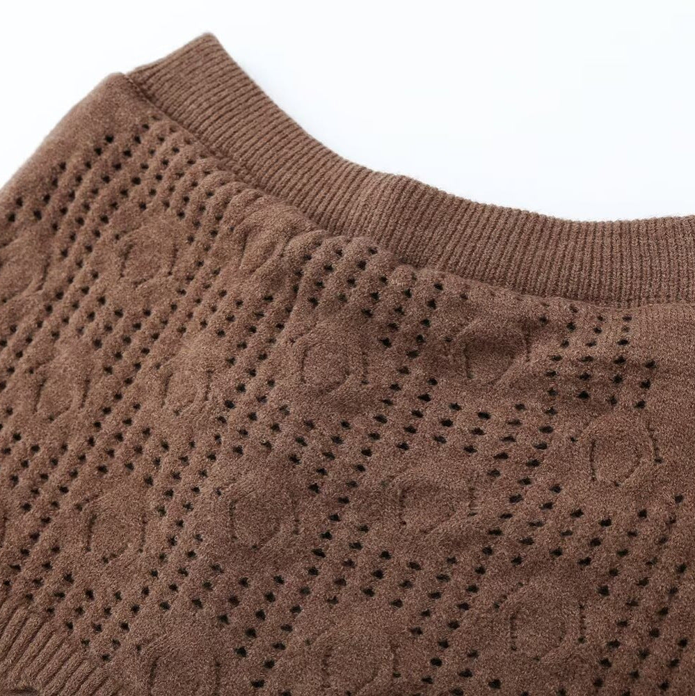 Ladies Two-Piece Knit Set with Oversized Sweater, Lace Pattern Mini Skirt and Wide Palazzo Pants EVA-US