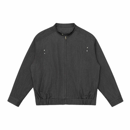 Unisex Short Cut Denim Utility Jacket with Funnel Neck and Drawstring Hem EVA-US
