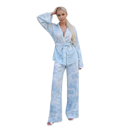 Ladies Two-Piece Wrap Set in Kimono Style with Wide Leg EVA-US