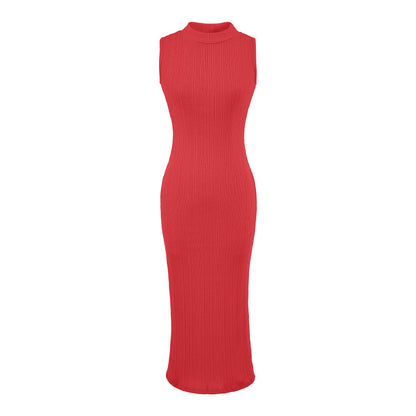 Women’s midi dress in rib knit, sleeveless slim-fit with stand-up collar EVA-US