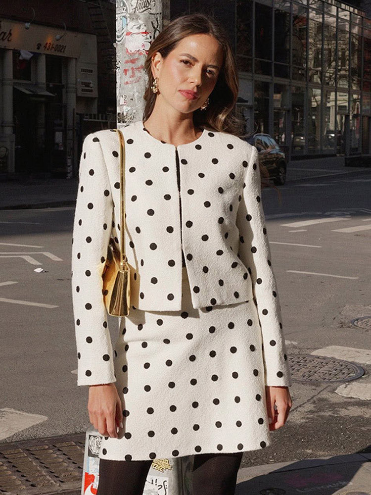 Women's Two-Piece Boucle Set with Cropped Jacket and A-Line Mini Skirt EVA-US