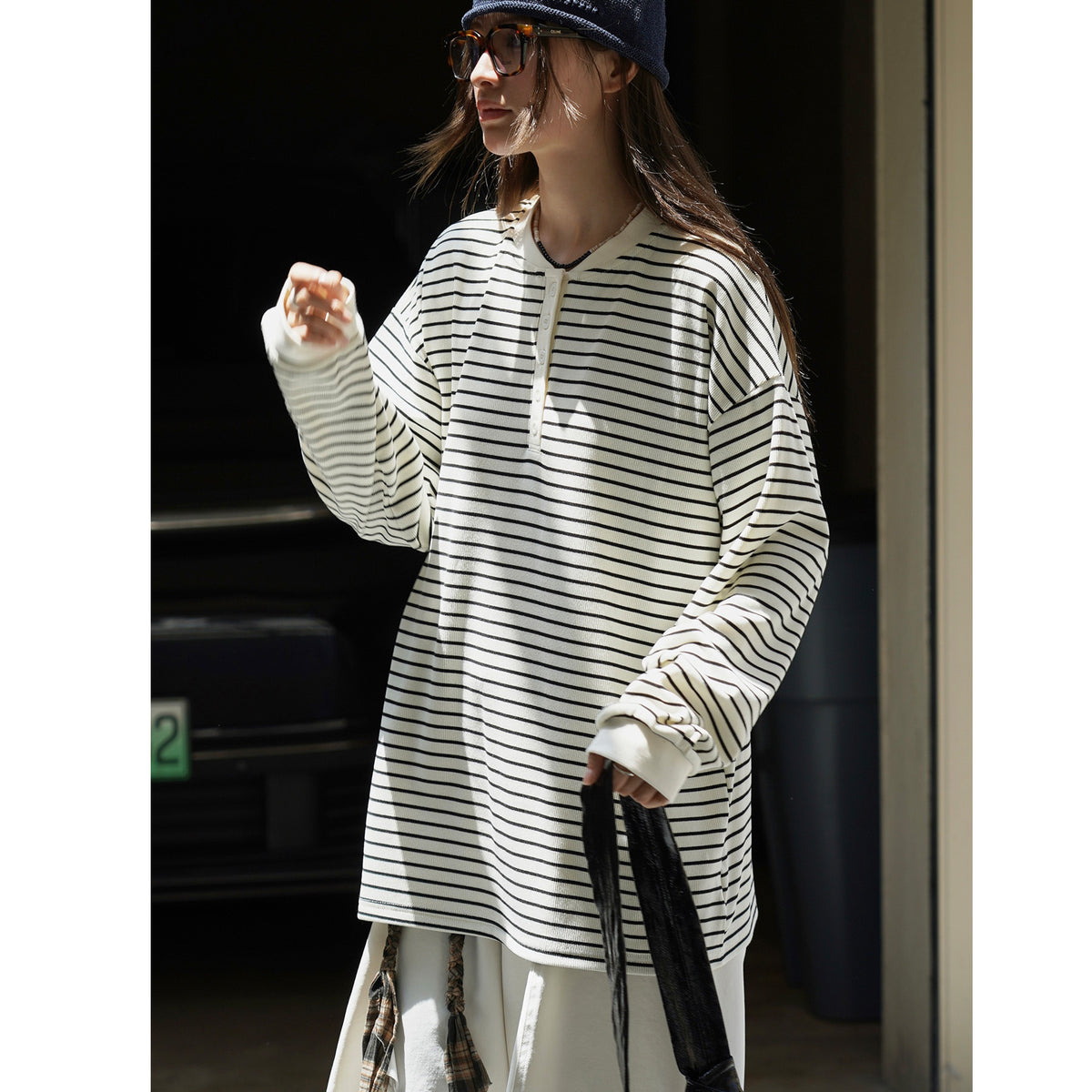 Women's Casual Breton Shirt in Oversized Cut with Henley Placket EVA-US