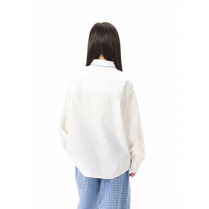 Women's Oversized Shirt Blouse with Contrasting Collar Piping and Chest Pocket EVA-US