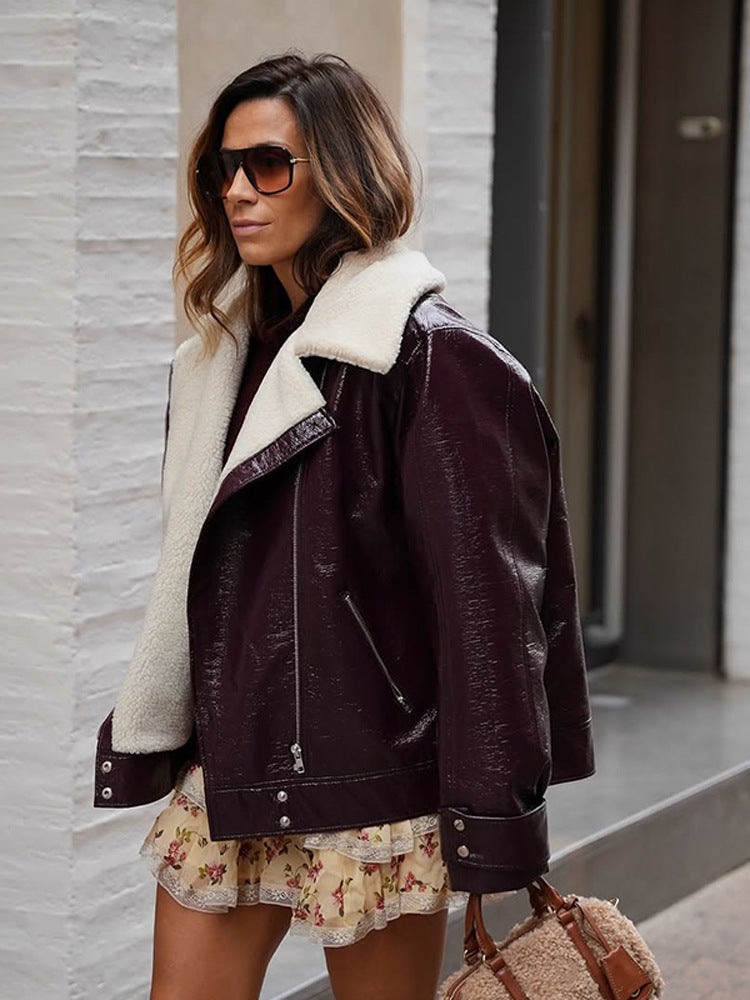 Women's Patent Leather Biker Jacket with Sherpa Lining and Oversized Cut EVA-US