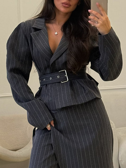 Women's Tailored Pinstriped Blazer with Shoulder-Emphasizing Balloon Sleeves and Waist Belt EVA-US