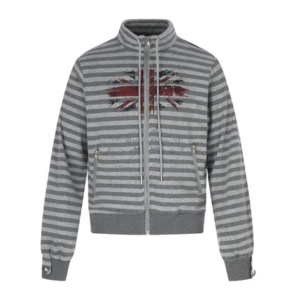 Men's Hoodless Striped Zip Blouson Jacket with Funnel Collar and Vintage Print EVA-US