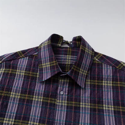 Women's Oversize Check Blouse made of light cotton blend with diagonal chest pocket detail EVA-US