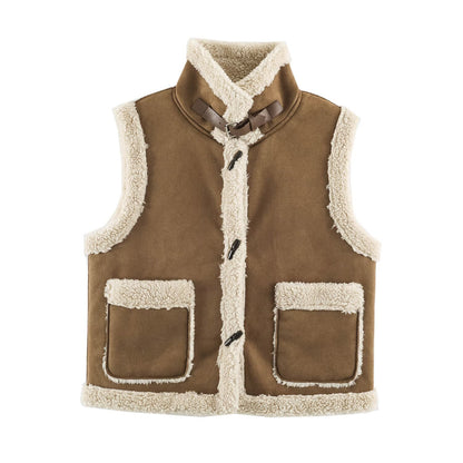 Women's Sleeveless Lambskin-Look Vest with Stand-Up Collar and Toggle Closures EVA-US