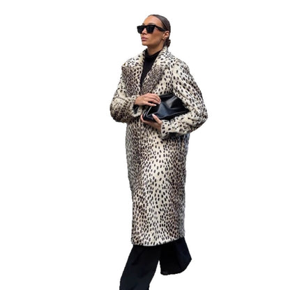 Women's Mid-Length Faux Fur Coat with Distinctive Spot Pattern and Notched Collar EVA-US