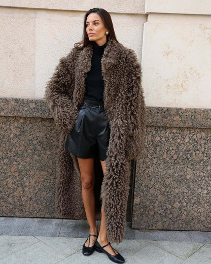 Women's Maxi Long Curly Teddy Coat in Sheepskin Look EVA-US