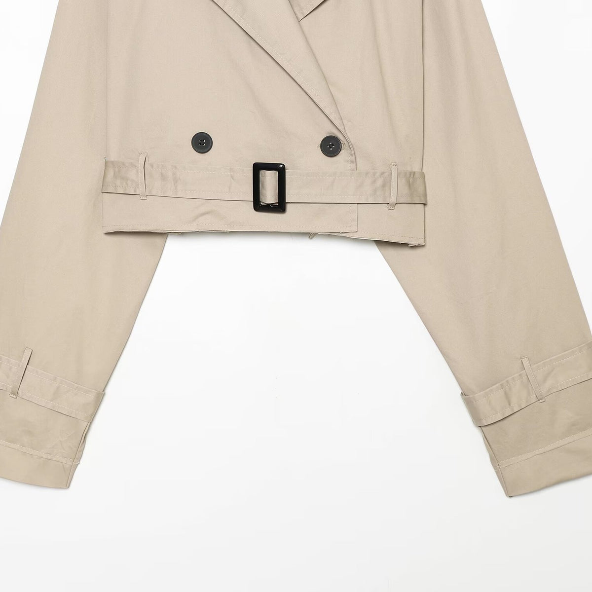 Women's short blouson trench coat with double-breasted button placket, shoulder epaulets, and waist belt EVA-US
