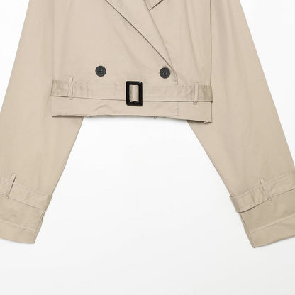 Women's short blouson trench coat with double-breasted button placket, shoulder epaulets, and waist belt EVA-US