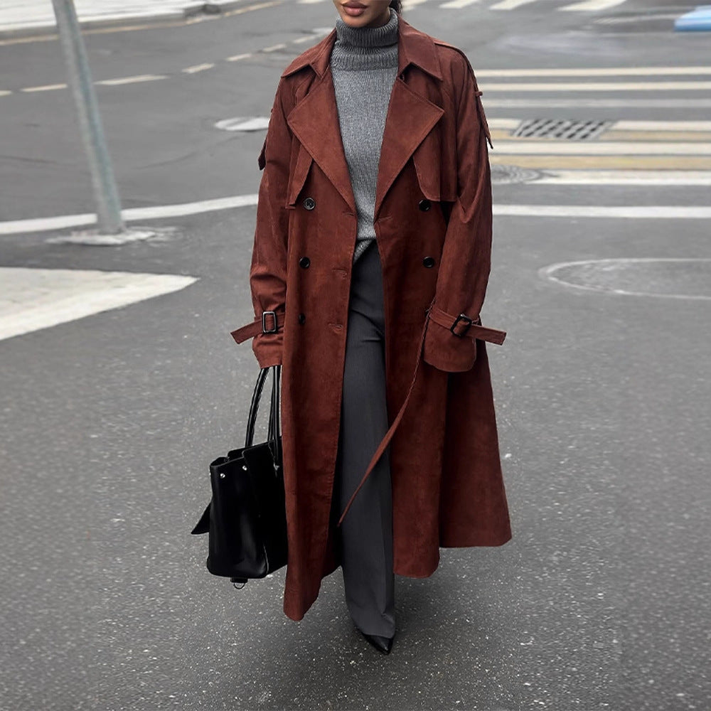 Women's long trench coat made of suede imitation with double button placket EVA-US