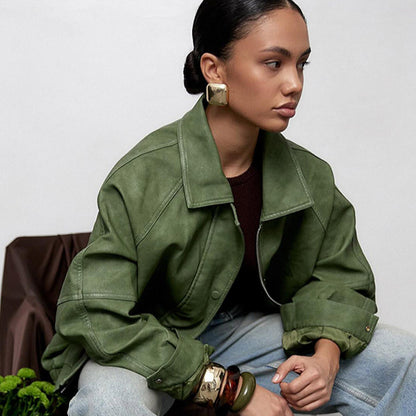 Women's Oversize Faux Leather Jacket in Boxy Cut with Raglan Sleeves and Two-Way Zipper EVA-US
