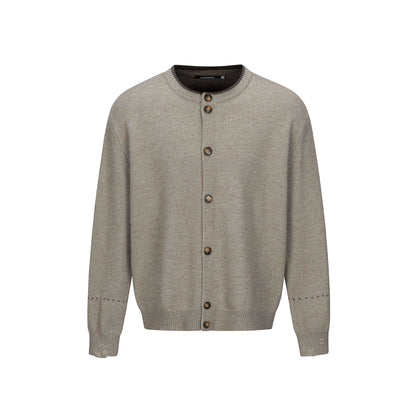 Unisex Simple Cardigan with Round Neck, Wooden Button Placket and Ribbed Hem EVA-US