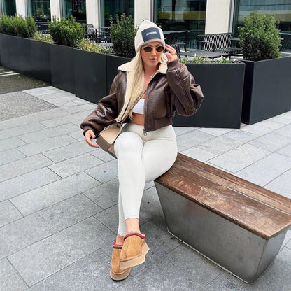 Ladies short cut pilot jacket with teddy lining and oversized sleeves EVA-US