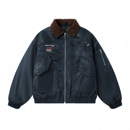 Men's Short Quilted Bomber with Teddy Collar and Multi-Function Pockets EVA-US