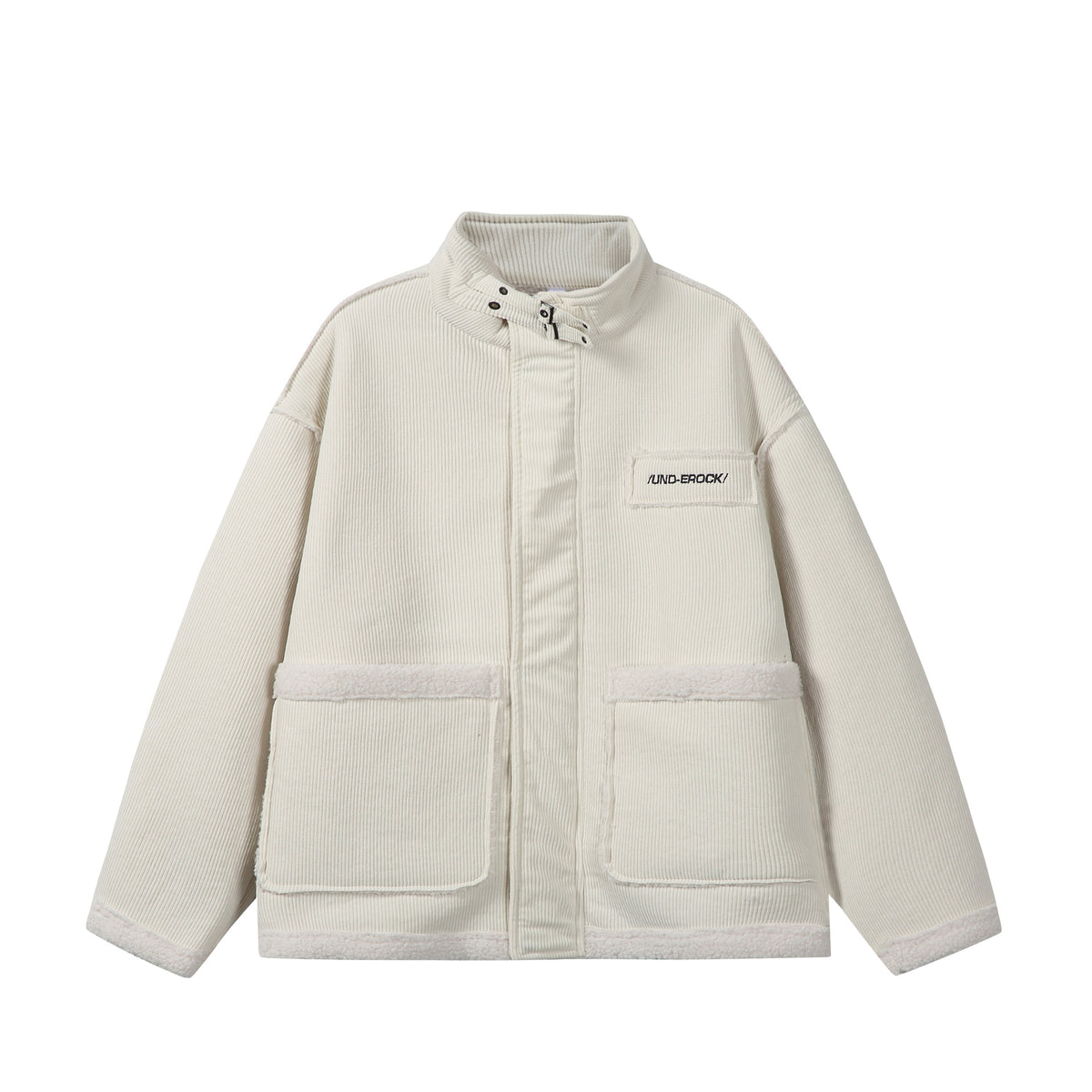Unisex Short-cut Cord Jacket with Teddy Trim and Funnel Neck EVA-US