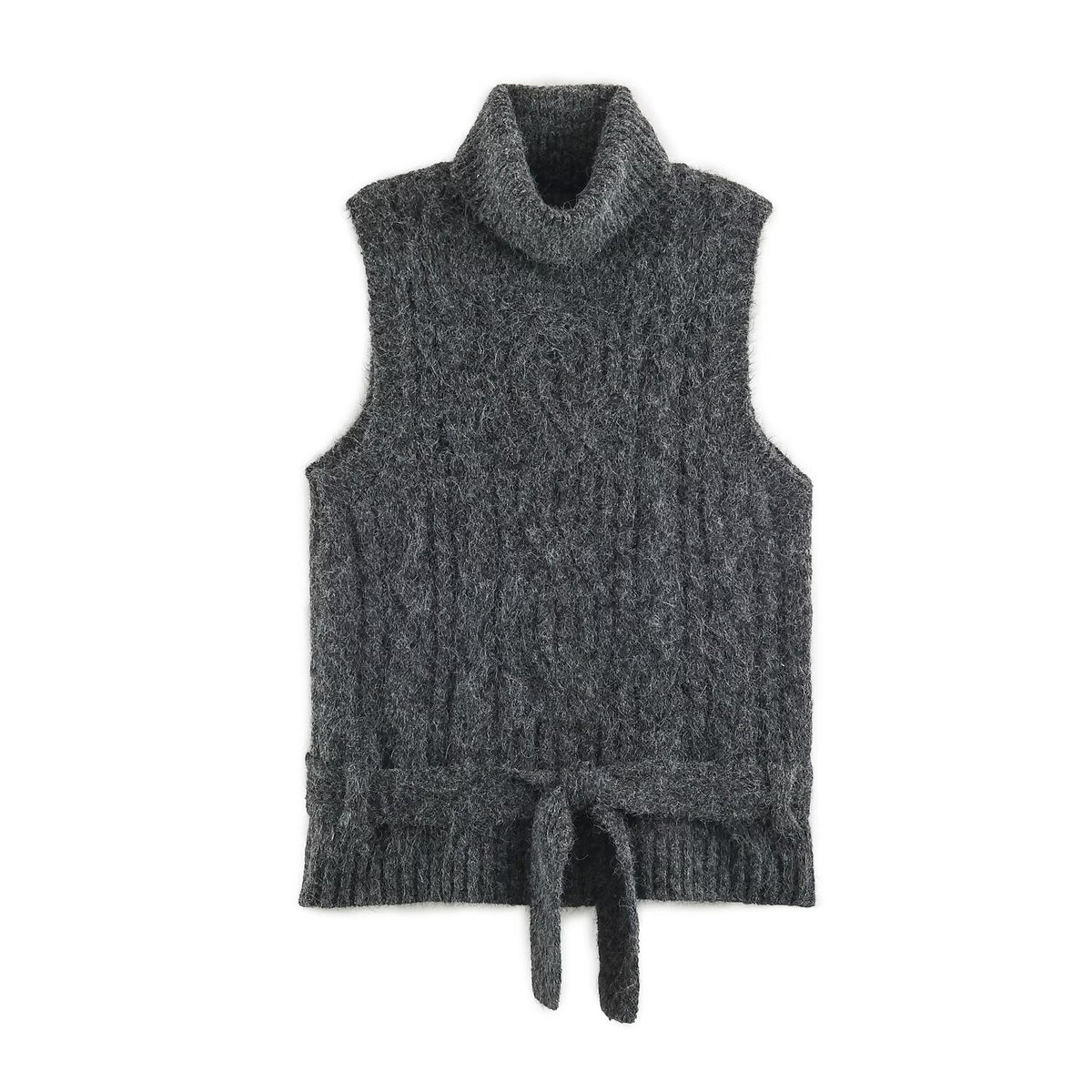 Women's Sleeveless Cable Knit Vest with Roll Neck and Ties EVA-US