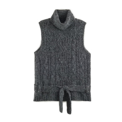 Women's Sleeveless Cable Knit Vest with Roll Neck and Ties EVA-US