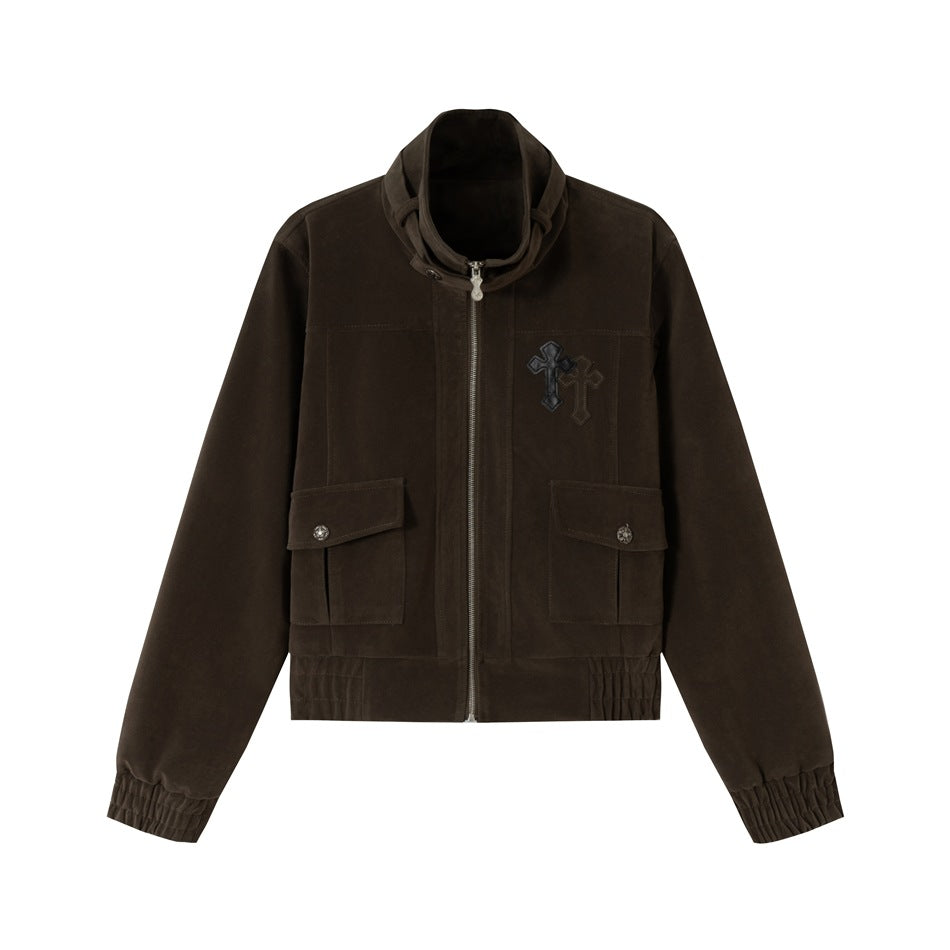 Men's short cut velour blouson jacket with funnel collar, patch pockets, and decorative cross application EVA-US