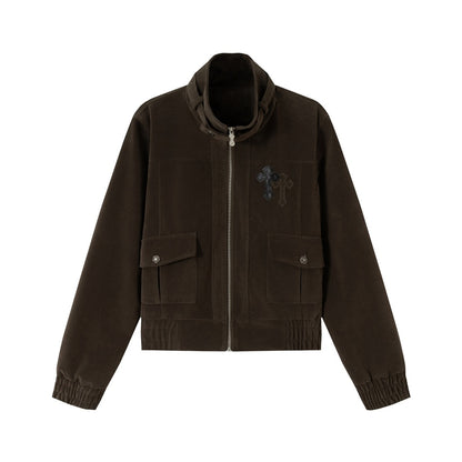 Men's short cut velour blouson jacket with funnel collar, patch pockets, and decorative cross application EVA-US