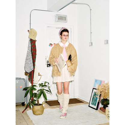 Women's short-cut suede-look blouson jacket with round neck, concealed button placket, and floral inner lining EVA-US