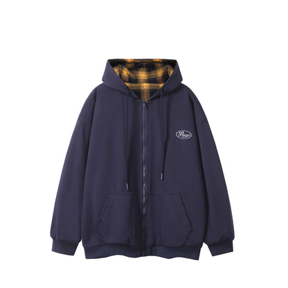 Unisex Oversize Hoodie Zipper Jacket with Checkered Hood Lining and Kangaroo Pockets EVA-US