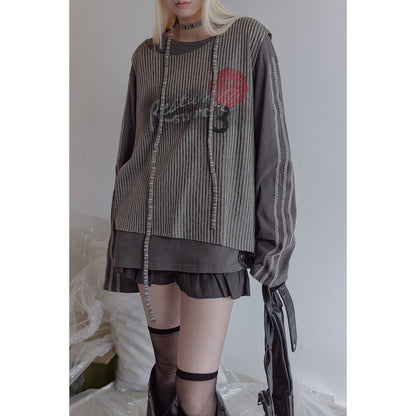 Women Layered Long Sleeve Shirt with Striped Front Panel and Lace Band EVA-US