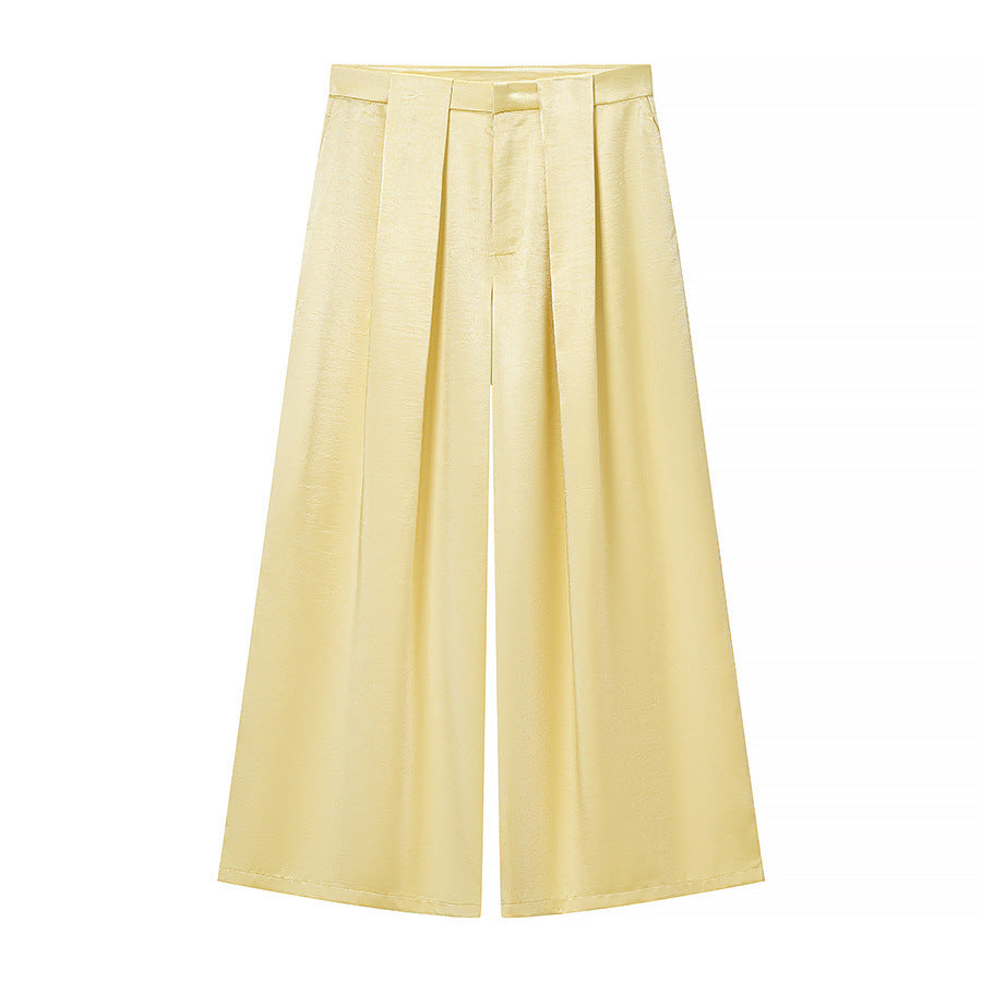 Ladies Two-Piece Satin Ensemble with Wrap Blazer and Wide Pleated Trousers EVA-US