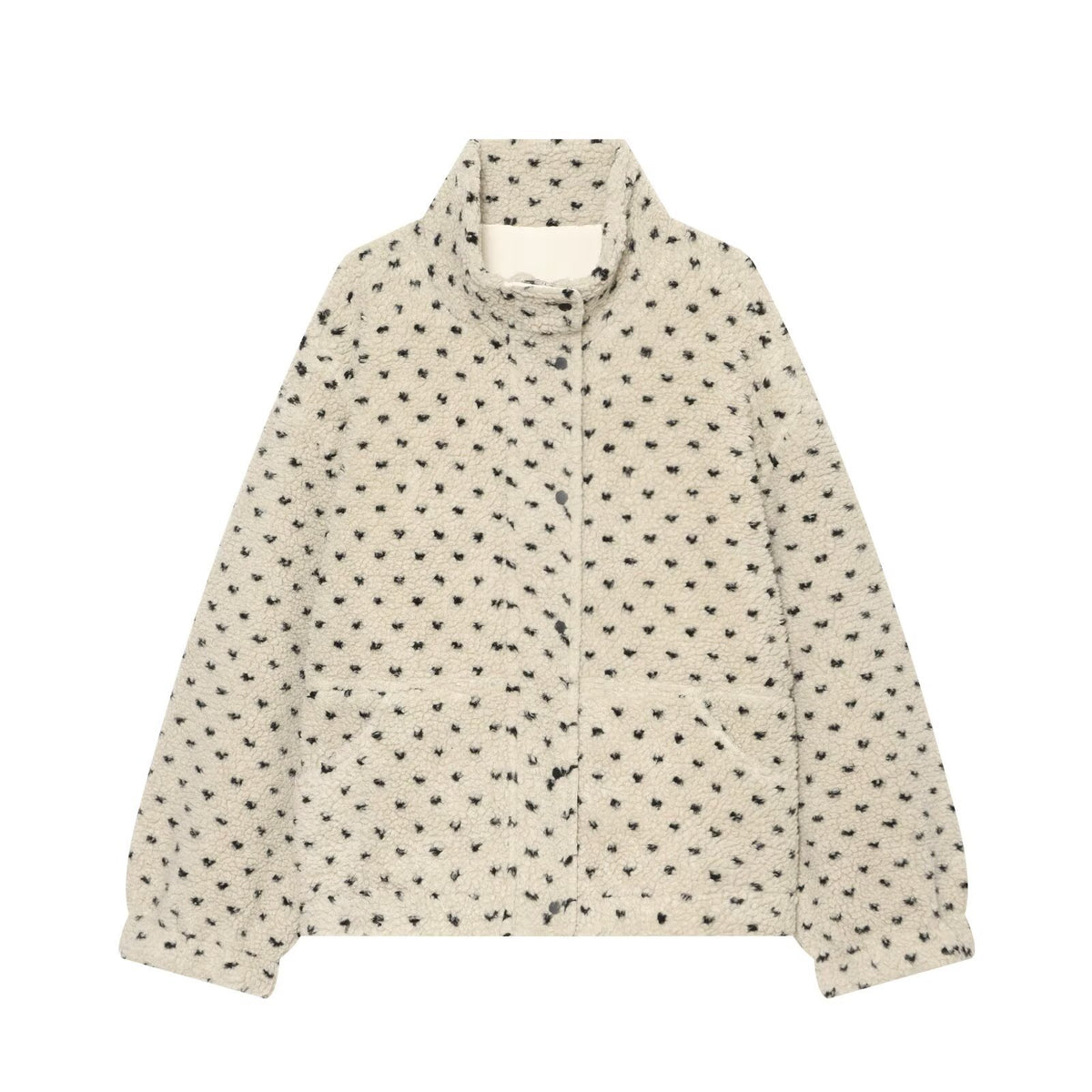 Women Short Teddy Jacket with Stand Collar and Polka Dot Pattern EVA-US