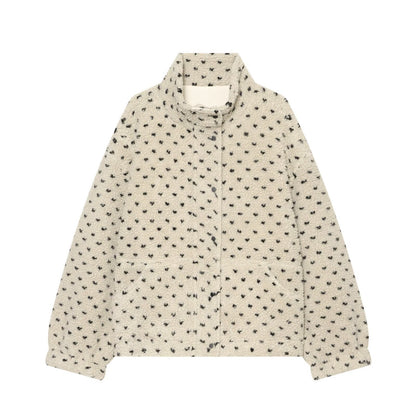 Women Short Teddy Jacket with Stand Collar and Polka Dot Pattern EVA-US
