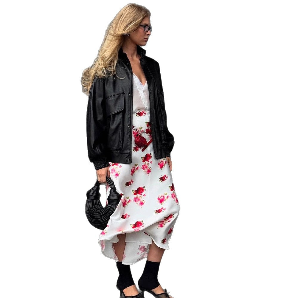 Ladies Boxy Faux Leather Blouson with Stand-up Collar and Gathered Cuffs EVA-US
