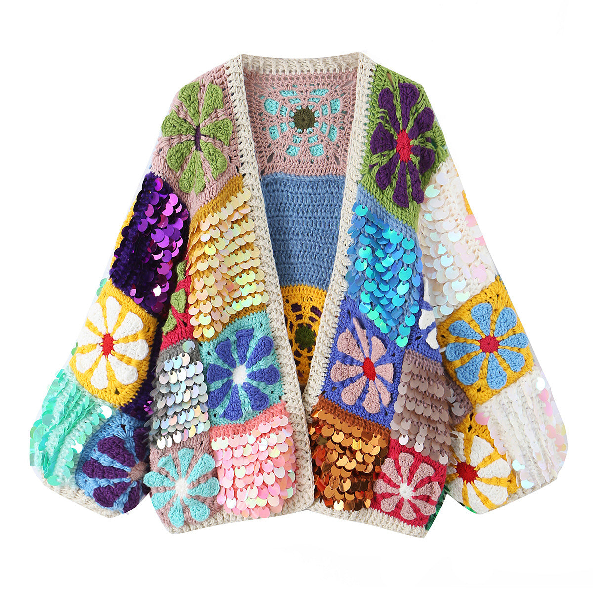 Women's playful crochet patchwork cardigan with sequins and flower appliqués EVA-US